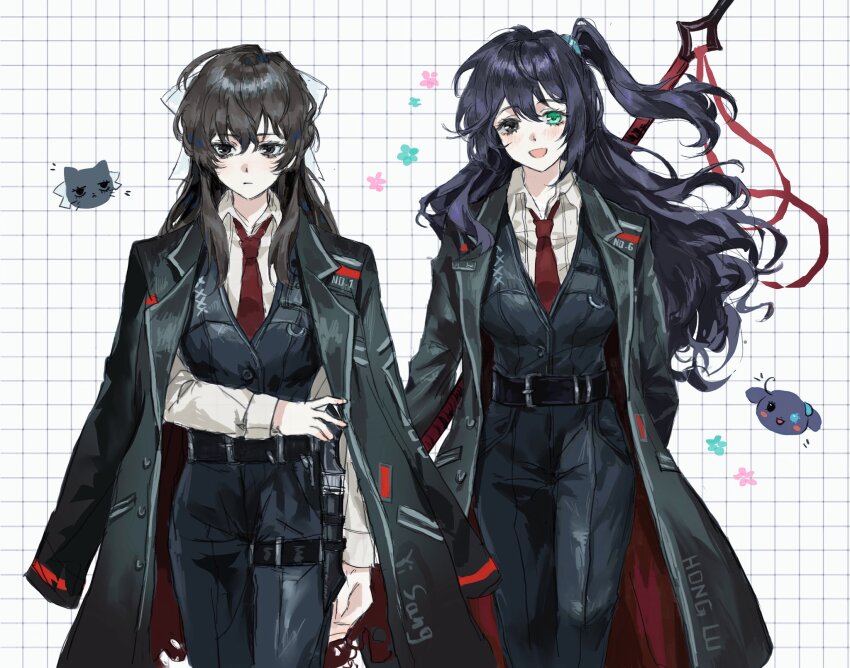 2girls :d belt black_belt black_coat black_eyes black_hair black_pants black_vest blush coat coat_on_shoulders collared_shirt commentary frown genderswap genderswap_(mtf) green_eyes grid_background hair_ribbon heterochromia highres holding holding_polearm holding_weapon hong_lu_(project_moon) limbus_company long_hair looking_ahead looking_at_viewer multiple_girls necktie one_side_up open_mouth pants polearm project_moon red_necktie ribbon shirt smile symbol-only_commentary vest weapon white_background white_ribbon white_shirt xiaorourose yi_sang_(project_moon)