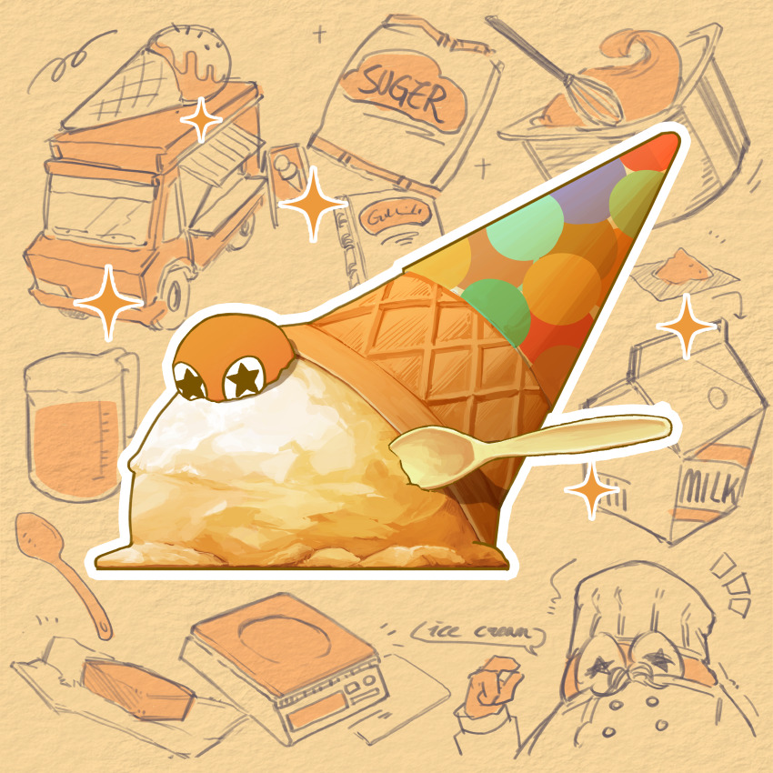 1boy absurdres algenartwork food food_focus food_truck highres ice_cream ice_cream_cone measuring_cup milk_carton original spoon granulated_sugar whisk