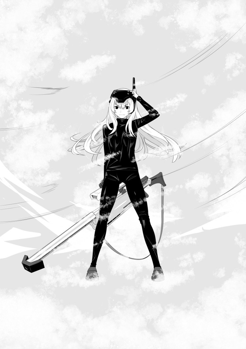 1girl absurdres anti-materiel_rifle closed_mouth fune_(fune83ojj) goddess_of_victory:_nikke greyscale gun head-mounted_display highres holding holding_gun holding_weapon long_hair mechanical_arms monochrome no_armor no_cape no_jacket pants rifle shirt single_mechanical_arm sniper_rifle snow_white_(nikke) solo undersuit visor_lift weapon white_hair