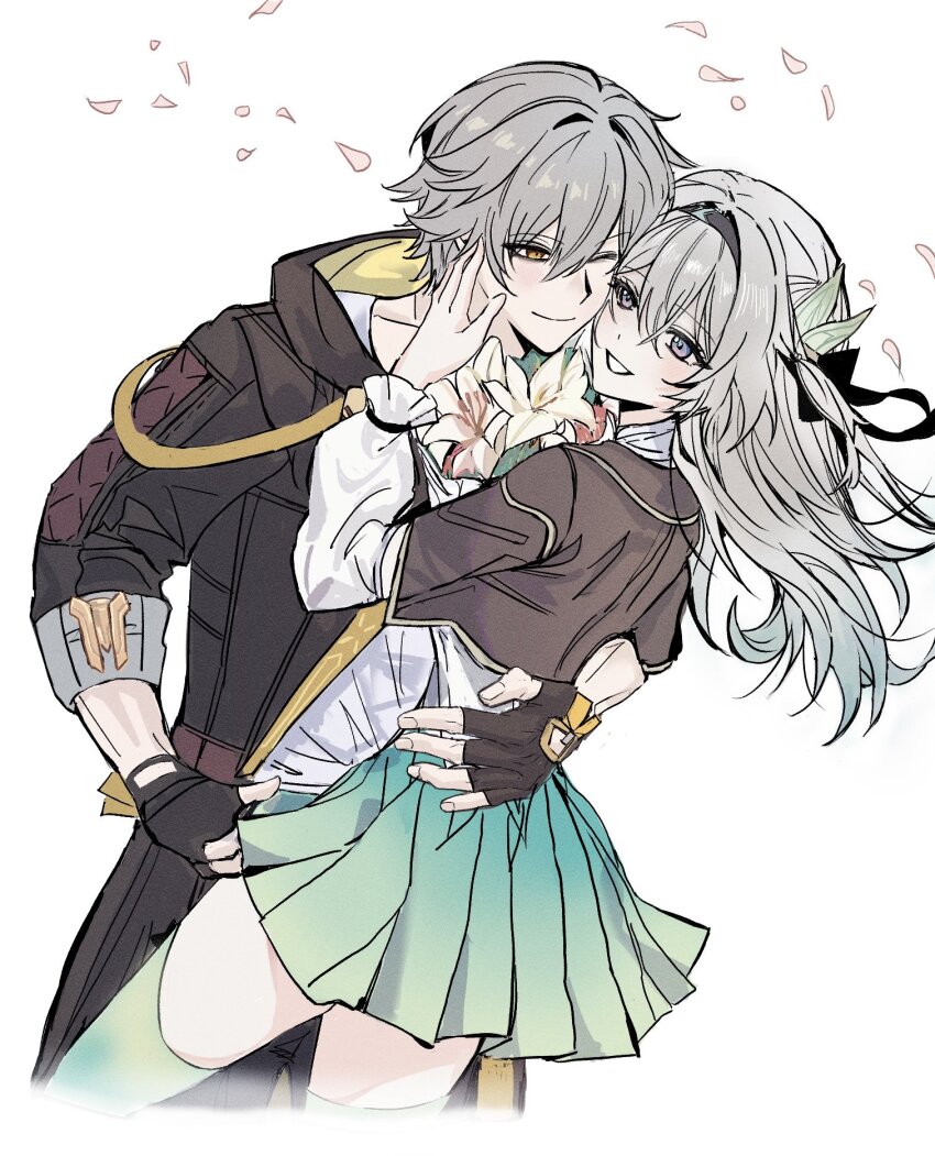 1boy 1girl aqua_dress aqua_thighhighs black_gloves black_jacket black_ribbon caelus_(honkai:_star_rail) dress falling_petals fingerless_gloves firefly_(honkai:_star_rail) flower frilled_sleeves frills gloves gradient_hair hair_ornament hair_ribbon hand_on_another&#039;s_face highres honkai:_star_rail honkai_(series) ilsijeongj2213 jacket long_hair long_sleeves multicolored_hair open_clothes open_jacket outside_border petals pink_petals ribbon shirt short_hair simple_background thighhighs trailblazer_(honkai:_star_rail) white_background white_shirt white_sleeves
