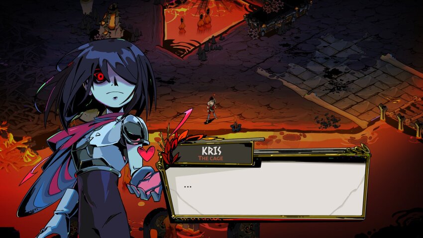 ... 1other :| androgynous armor blue_hair blue_skin breastplate cape character_name closed_mouth colored_skin cowboy_shot deltarune dialogue_box fake_screenshot gauntlets hades_(series) hades_1 heart highres kris_(dark_world)_(deltarune) kris_(deltarune) lava looking_at_viewer one_eye_covered other_focus pink_cape red_eyes shaded_face short_hair solo_focus standing supsross zagreus_(hades)