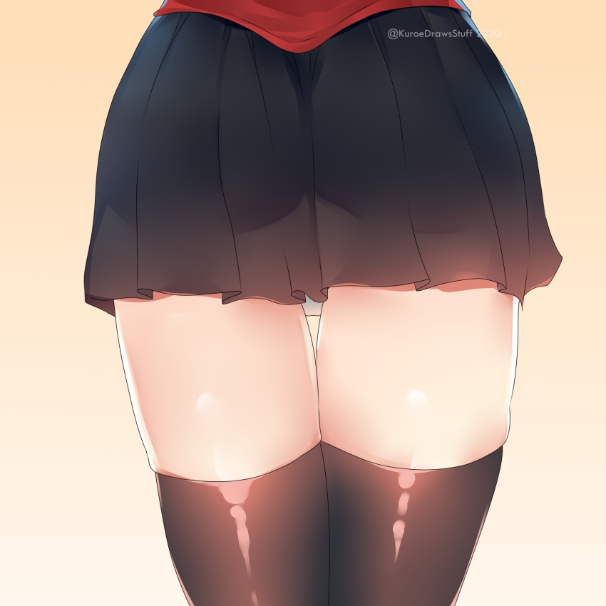 1girl ass ass_focus black_skirt black_socks black_thighhighs fate/stay_night fate_(series) female_focus highres kuroe_prime legs miniskirt pleated_skirt red_shirt sexually_suggestive shirt skirt socks solo solo_focus thick_thighs thighhighs thighs thighs_focus tohsaka_rin watermark zettai_ryouiki