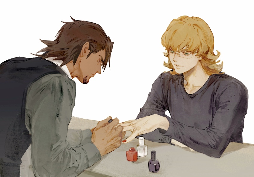 2boys absurdres applying_manicure barnaby_brooks_jr. black_shirt black_vest blonde_hair brown_hair collarbone cosmetics creamyghost facial_hair glasses goatee green_eyes grey_shirt highres kaburagi_t._kotetsu looking_at_another male_focus multiple_boys nail_polish nail_polish_bottle painting_nails red_nails shirt tiger_&amp;_bunny vest
