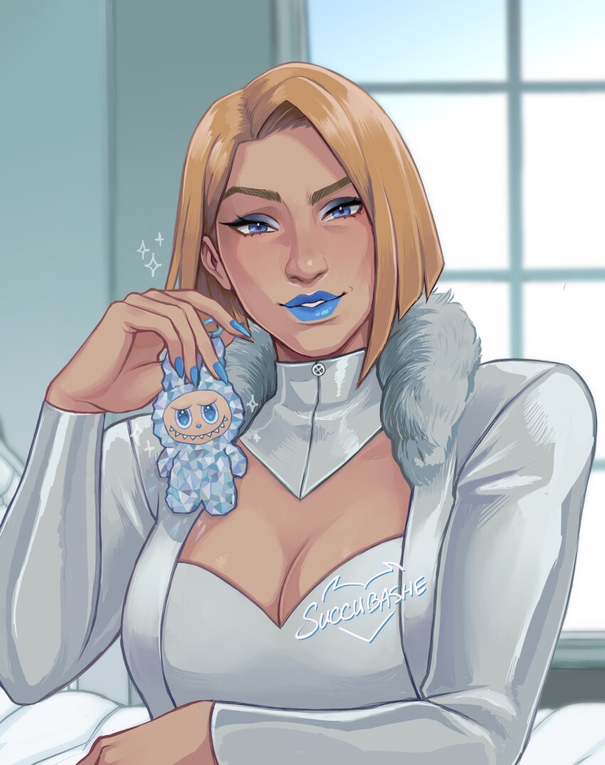 1girl artist_name blonde_hair blue_eyes blue_lips breasts cleavage emma_frost highres labubu looking_at_viewer malevolent_lxix marvel marvel_rivals short_hair solo upper_body window x-men