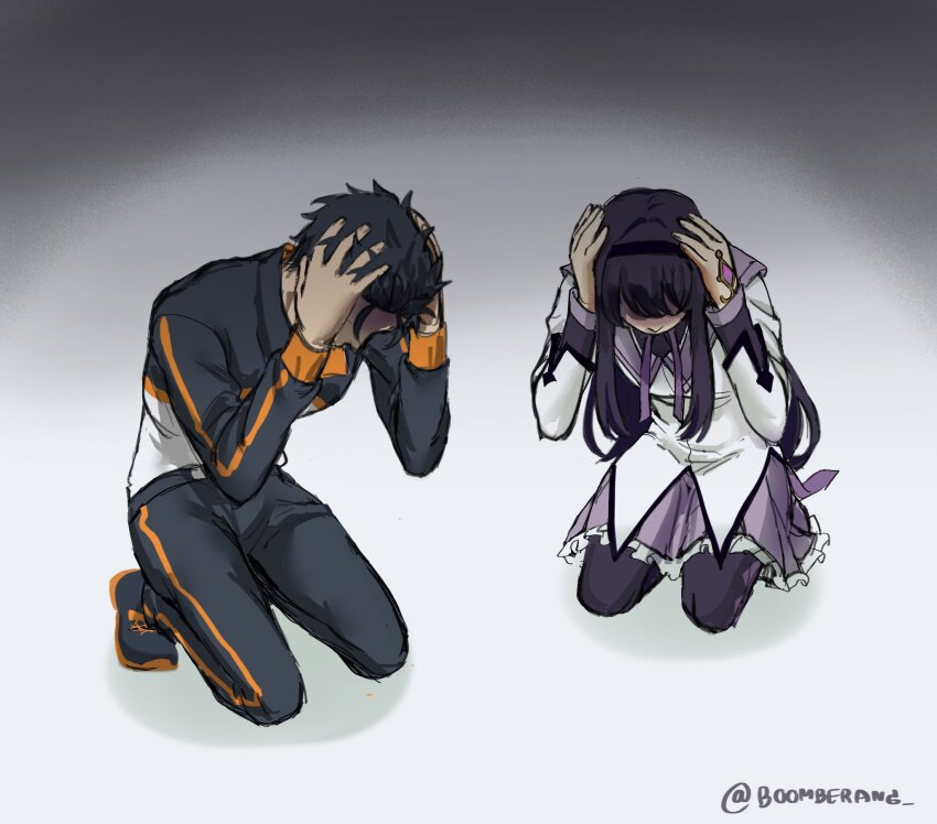 1boy 1girl akemi_homura akemi_homura_(magical_girl) black_hair boomberang commentary crossover despair english_commentary hands_on_own_head highres jacket kneeling long_hair looking_down mahou_shoujo_madoka_magica mahou_shoujo_madoka_magica_(anime) natsuki_subaru pants purple_hair re:zero_kara_hajimeru_isekai_seikatsu short_hair track_jacket track_pants track_suit white_background