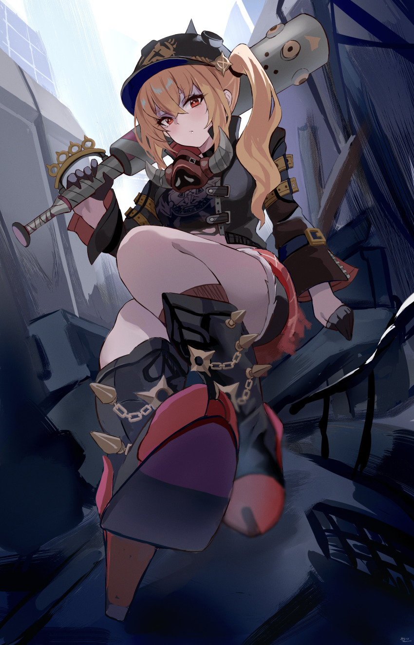 1girl absurdres baseball_bat black_boots black_gloves black_hat black_jacket black_shorts blonde_hair boots closed_mouth cropped_jacket gloves half_gloves hat highres holding holding_baseball_bat jacket long_hair looking_at_viewer luciana_de_montefio red_eyes red_skirt shoe_soles shorts skirt solo twintails yato_(yama0x1) zenless_zone_zero