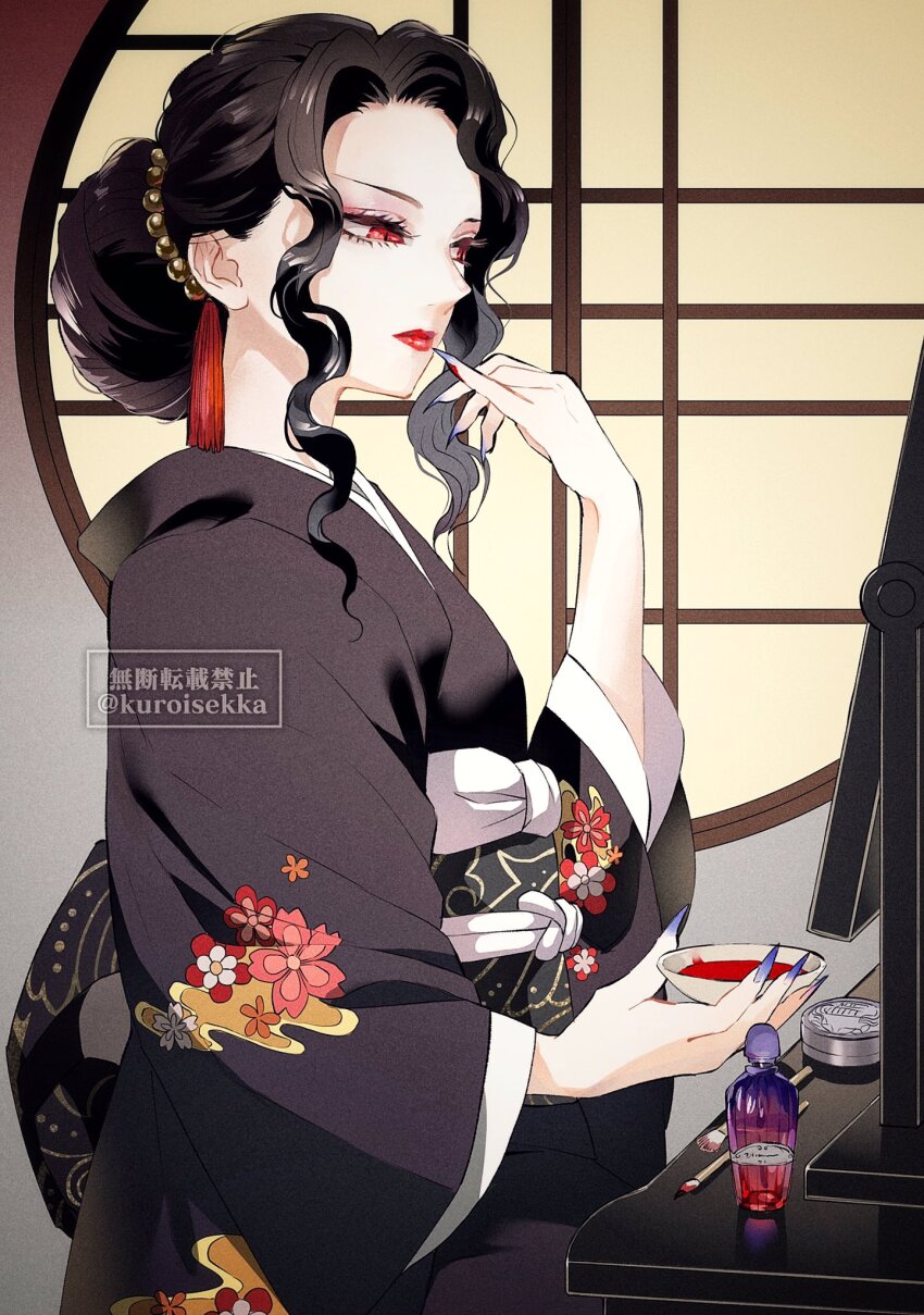 1girl black_hair black_kimono expressionless floral_print highres japanese_clothes kibutsuji_muzan kibutsuji_muzan_(female) kimetsu_no_yaiba kimono kuroisekka red_eyes red_lips slit_pupils solo