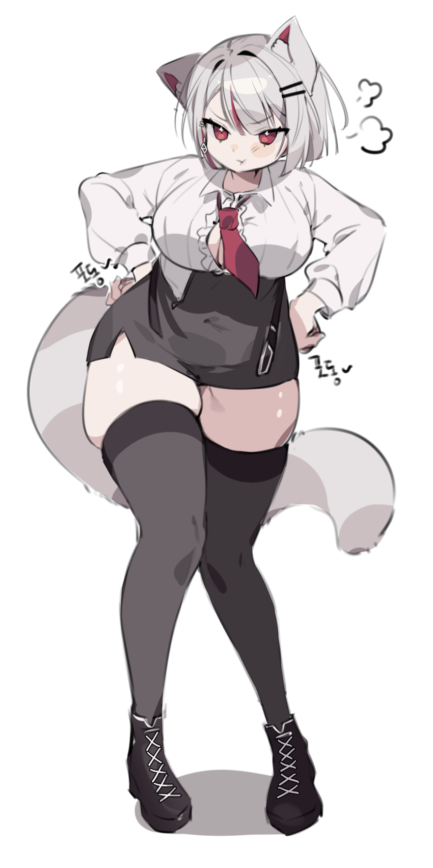 1girl absurdres angry animal_ears belt black_thighhighs blouse boots cleavage_cutout clothing_cutout earrings grey_hair hair_ornament hairclip hands_on_own_hips highres jewelry korean_text multicolored_hair necktie neneko_mashiro pink_hair pout puff_of_air red_eyes sen_light shirt short_hair skindentation skirt solo standing stellive streaked_hair tail thick_thighs thighhighs thighs unbuckled white_background zettai_ryouiki