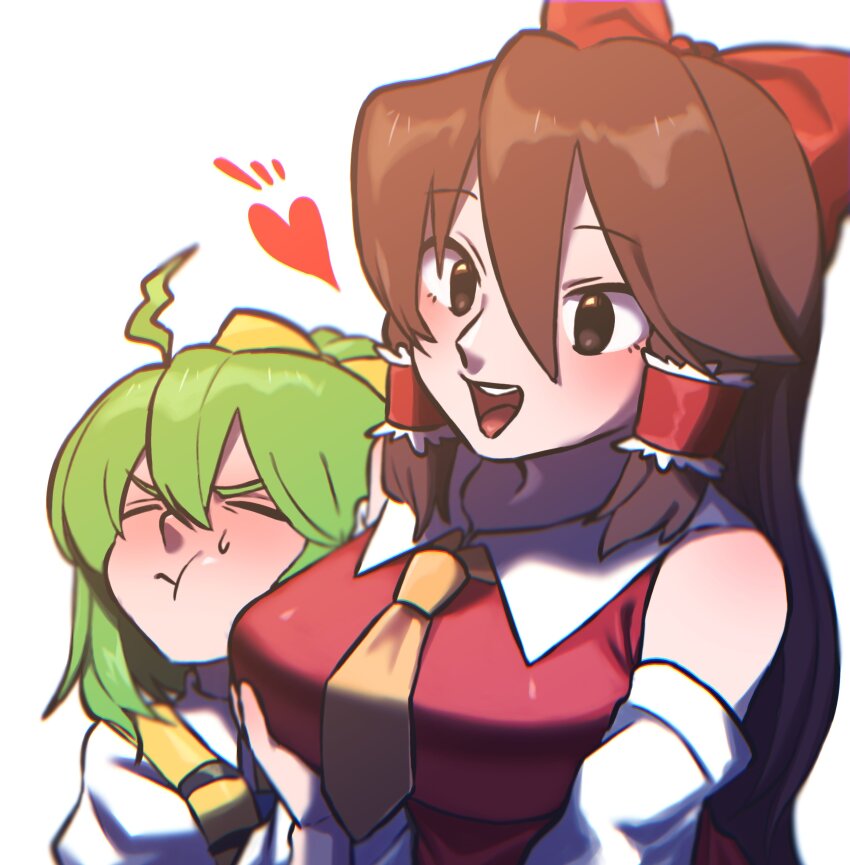 2girls :t absurdres ahoge black_eyes blush bow breasts brown_hair closed_mouth collared_shirt cookie_(touhou) daiyousei detached_sleeves diyusi_(cookie) frilled_hair_tubes frills frown hair_between_eyes hair_bow hair_tubes hakurei_reimu heart high-visibility_clothing high-visibility_vest highres large_breasts long_bangs long_hair multiple_girls necktie noel_(cookie) open_mouth pout red_bow red_shirt s_(esumi_kihomaru) shirt sidelocks simple_background sleeveless sleeveless_shirt smile teeth touhou upper_body upper_teeth_only white_background white_sleeves wilted_ahoge yellow_bow yellow_necktie