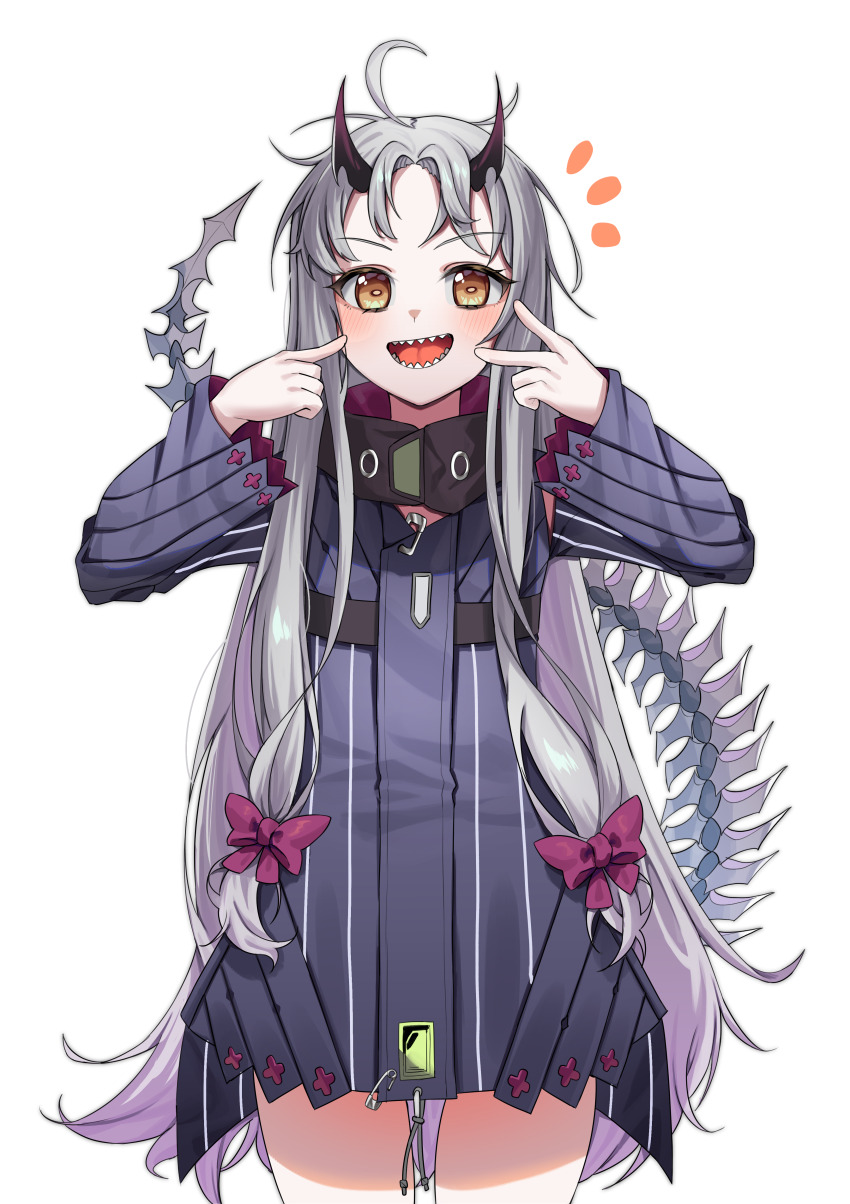 1girl absurdres ahoge black_horns blush bone_tail bow brown_eyes commentary counter:side dress grey_hair hair_bow highres horns index_finger_raised inward_v jinggun long_hair looking_at_viewer nibble_(counter:side) notice_lines purple_bow purple_dress safety_pin sharp_teeth simple_background solo straight-on teeth two-sided_dress two-sided_fabric v v-shaped_eyebrows very_long_hair white_background