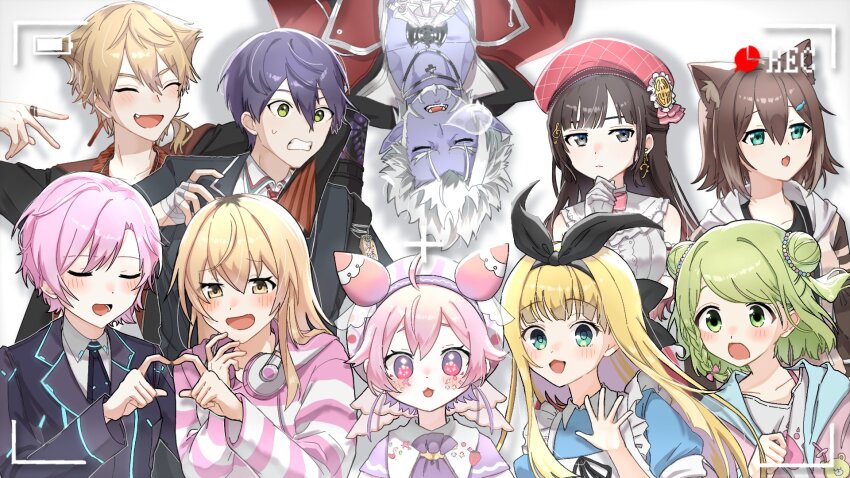 child fumino_tamaki fushimi_gaku gilzaren_iii green_eyes green_hair highres ienaga_mugi kenmochi_touya mononobe_alice morinaka_kazaki necktie nijisanji purple_hair recording school_uniform suzuka_utako ushimi_ichigo virtual_youtuber white_background yuuhi_riri