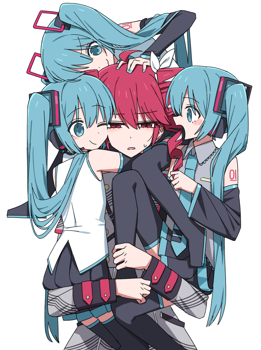 4girls :3 absurdres aged_down aqua_eyes aqua_hair aqua_nails aqua_necktie aqua_trim black_footwear black_skirt black_sleeves boots bow buttons carrying channel_(caststation) child_carry clone closed_mouth collared_shirt detached_sleeves double-breasted double-parted_bangs drill_hair grey_jacket grey_shirt grey_skirt half-closed_eyes hand_on_another&#039;s_head hatsune_miku hatsune_miku_(vocaloid3) hatsune_miku_(vocaloid4) highres holding_another&#039;s_hair hug jacket kasane_teto kasane_teto_(sv) long_hair long_sleeves looking_at_another looking_at_viewer multiple_girls multiple_persona necktie number_tattoo one_eye_closed open_mouth pleated_skirt raised_eyebrows red_eyes red_hair shirt shoulder_belt shoulder_boards shoulder_carry shoulder_tattoo skirt sleeveless musical_staff sweatdrop synthesizer_v tattoo thigh_boots twin_drills twintails twirling_hair utau very_long_hair vocaloid white_background white_bow white_shirt