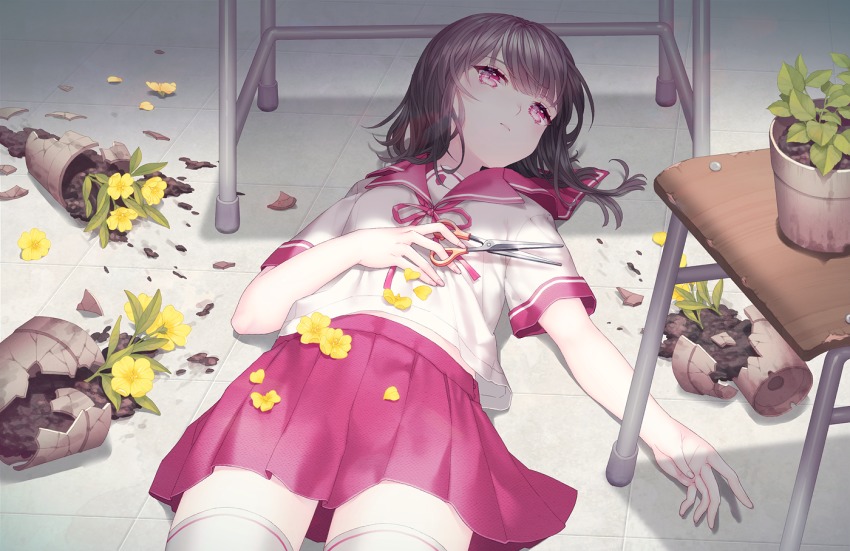 1girl black_hair broken closed_mouth expressionless female_focus flower hand_on_own_stomach holding holding_scissors lying on_back original petals pink_eyes pink_skirt plant pleated_skirt potted_plant saban school_uniform scissors serafuku skirt solo thighhighs tile_floor tiles white_thighhighs yellow_flower
