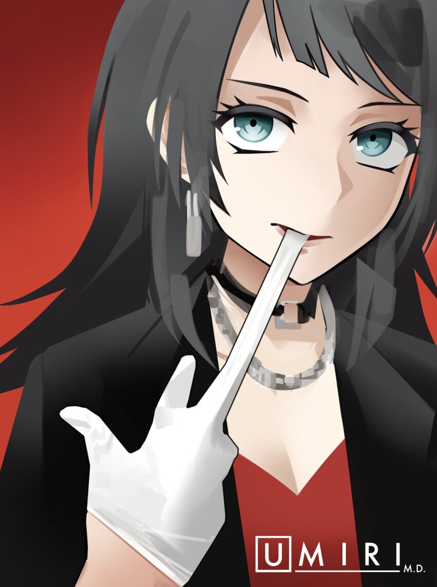 1girl absurdres bang_dream! bang_dream!_it&#039;s_mygo!!!!! black_choker black_hair black_jacket blue_eyes chain chain_necklace choker commentary earrings english_commentary glove_in_mouth gloves gradient_background highres house_m.d. jacket jewelry long_hair looking_at_viewer mouth_hold necklace parody red_background red_shirt rokuduziel rubber_gloves shirt solo upper_body white_gloves yahata_umiri