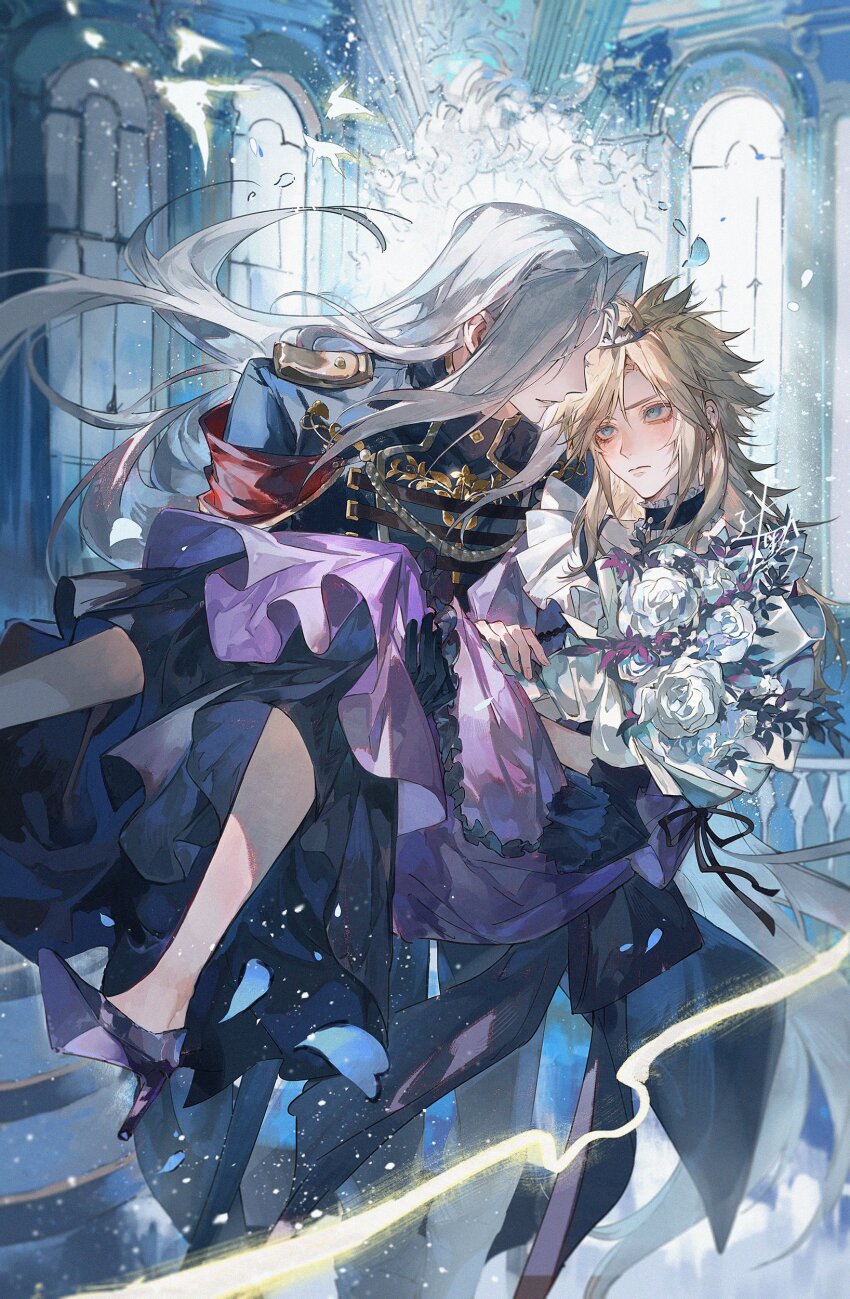 2boys absurdres aiguillette architecture aristocratic_clothes aristocratic_military_dress_uniform black_choker black_footwear black_jacket black_ribbon blonde_hair blue_eyes blush bouquet carrying chinese_commentary choker cloud_strife cloud_strife_(ball_gown) commentary_request crossdressing day dress dress_ribbon european_architecture final_fantasy final_fantasy_vii final_fantasy_vii_remake flower formal_clothes frilled_choker frilled_dress frills full_body furrowed_brow gothic_architecture grey_hair hair_over_eyes high_heels highres holding holding_bouquet indoors jacket light_frown light_particles light_smile long_bangs long_dress long_hair looking_at_another looking_up male_focus military_jacket mini_tiara multiple_boys official_alternate_costume parted_bangs princess_carry purple_dress ribbon rose sephiroth sephiroth_(shinra_formal_uniform) shoulder_boards spiked_hair sqloveraven tiara upper_body very_long_hair white_flower white_rose window yaoi