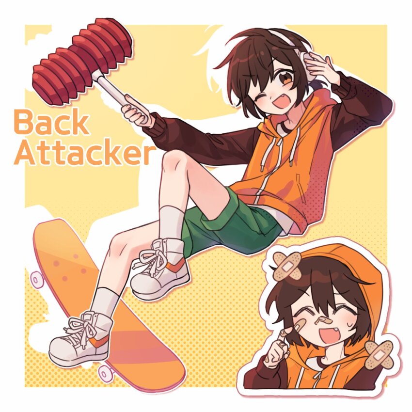 1boy bandaid bandaid_on_face blush brown_eyes brown_hair closed_eyes fang green_shorts gwak12081227 gwak_jun-hyeong headphones highres hood hood_up hoodie jacket long_sleeves looking_at_viewer multiple_views one_eye_closed open_mouth orange_hoodie orange_jacket shirt shoes short_hair shorts skateboard smile sneakers socks white_socks zombie_high_school