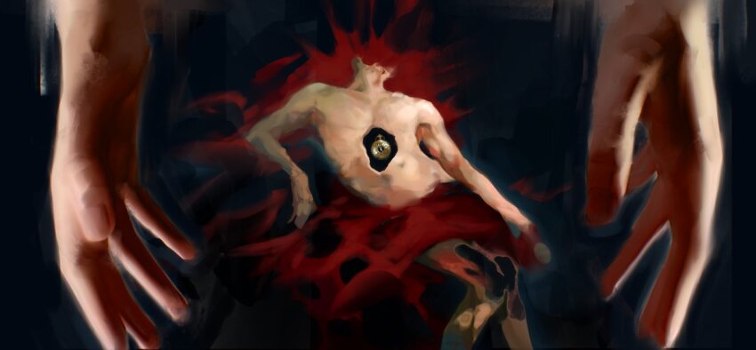 blood blood_splatter body_horror exploded_head headless hole_in_chest hole_on_body kim_dokja macaronijail no_shirt offering_hand omniscient_reader&#039;s_viewpoint outstretched_arms pool_of_blood reaching reaching_towards_another severed_leg severed_limb size_difference stopwatch torn_clothes watch