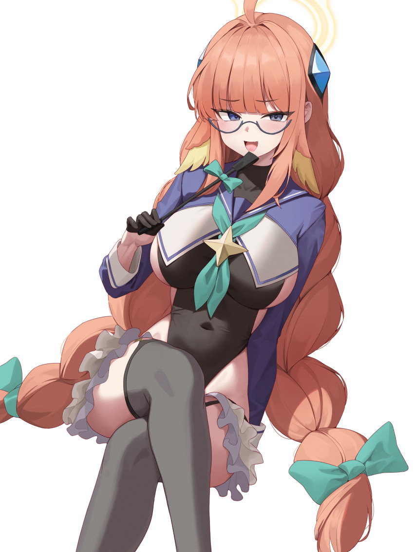 1girl absurdres ahoge aqua_neckerchief black-framed_eyewear black_gloves black_leotard blue_archive blue_eyes blue_sailor_collar blue_shrug bow braid breasts covered_navel crossed_legs feet_out_of_frame garter_straps glasses gloves grey_thighhighs hair_bow half_gloves halo hand_up head_wings highleg highleg_leotard highres holding holding_riding_crop large_breasts leotard long_hair long_sleeves looking_at_viewer looking_over_eyewear neckerchief official_alternate_costume open_mouth orange_hair pharamacom riding_crop sailor_collar semi-rimless_eyewear shimiko_(blue_archive) shimiko_(magical)_(blue_archive) shrug_(clothing) sideboob simple_background sitting smile solo thighhighs twin_braids twintails under-rim_eyewear very_long_hair white_background wings