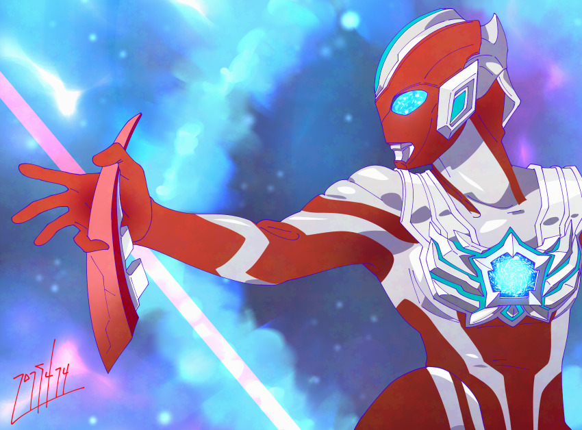 1boy 2025 alien arm_out_of_frame armor blue_eyes blurry blurry_background breastplate color_timer colored_skin commentary compound_eyes dated eye_slugger galaxy galaxy_background glowing glowing_eyes highres holding holding_weapon knee_up looking_ahead male_focus middle_w multicolored_skin nebula outstretched_arm pectorals red_skin signature silver_skin sky solo space star_(sky) starry_sky symbol-only_commentary tokusatsu toned toned_male two-tone_skin ultra_series ultraman_omega ultraman_omega_(series) upper_body w weapon wrinkled_skin yabamitsu