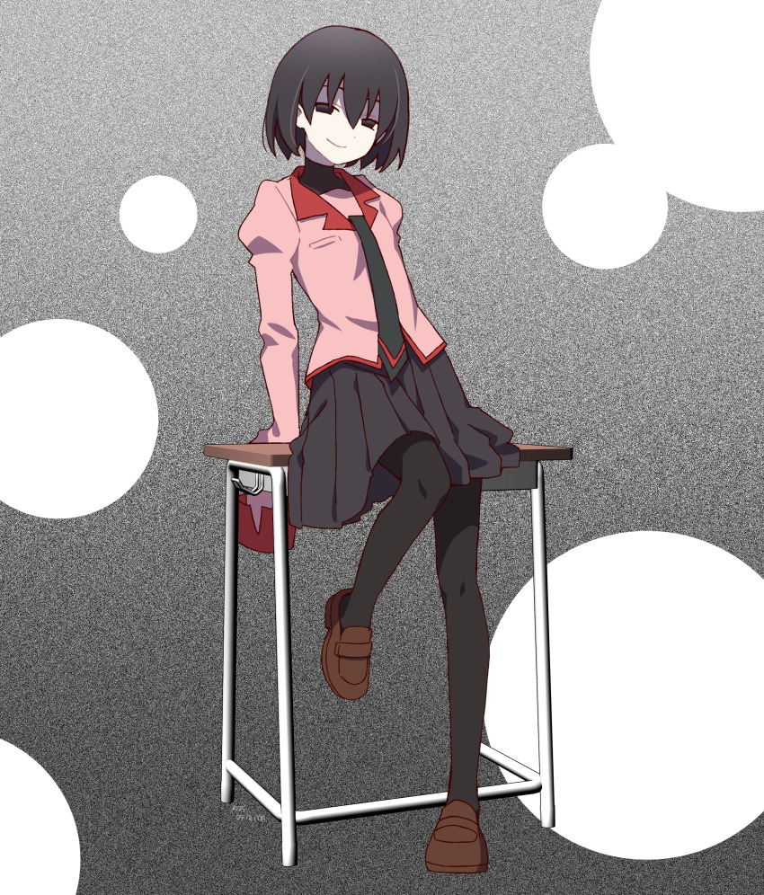 1girl absurdres black_eyes black_hair black_necktie black_pantyhose black_skirt black_undershirt bob_cut brown_shoes commentary_request desk empty_eyes film_grain full_body grey_background hair_between_eyes highres loafers long_sleeves looking_at_viewer manimani_(mani_ma) monogatari_(series) naoetsu_high_school_uniform necktie on_desk oshino_ougi pale_skin pantyhose pink_shirt pleated_skirt school_desk school_uniform shirt shoes short_hair sitting skirt sleeves_past_fingers sleeves_past_wrists smile solo
