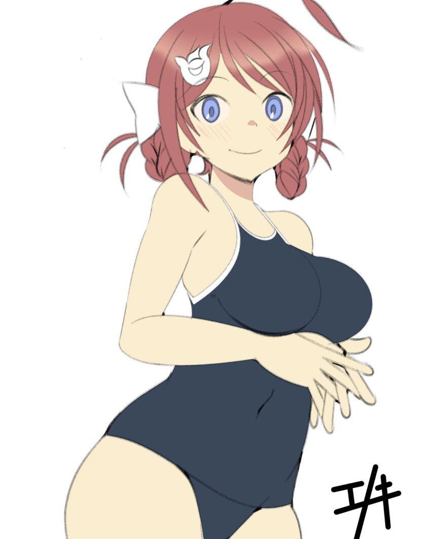 1girl ahoge artist_logo black_one-piece_swimsuit braid braided_hair_rings breasts brown_hair chougei_(kancolle) covered_navel enoki_p grey_eyes hair_ornament hair_rings highres kantai_collection large_breasts logo long_hair looking_at_viewer one-hour_drawing_challenge one-piece_swimsuit own_hands_clasped own_hands_together school_swimsuit solo swimsuit twin_braids whale_hair_ornament
