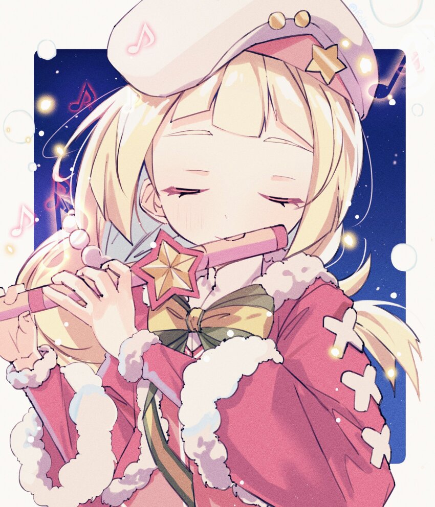1girl blonde_hair blunt_bangs bow bowtie closed_eyes eyelashes flute highres holding holding_flute holding_instrument instrument lillie_(holiday_2024)_(pokemon) lillie_(pokemon) long_hair long_sleeves loose_hair_strand low_ponytail music musical_note night night_sky nintendo playing_instrument pokemon pokemon_masters_ex ponytail revue_(rever_res) sky