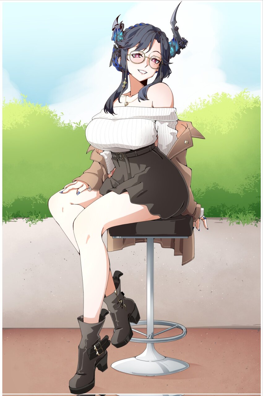1girl ade_(maid_in_spring)_(nikke) alternate_costume asymmetrical_horns black_hair blue_hair blue_sky blush braid braided_bun breasts brown_coat bush cloud coat colored_inner_hair cosplay day demon_horns full_body goddess_of_victory:_nikke hair_bun highres hololive hololive_english horns joeboto large_breasts long_hair long_sleeves looking_at_viewer mole mole_under_eye multicolored_hair nerissa_ravencroft off-shoulder_sweater off_shoulder open_mouth outdoors red_eyes sidelocks sitting skirt sky smile solo sweater sweater_tucked_in two-tone_hair uneven_horns virtual_youtuber white_sweater
