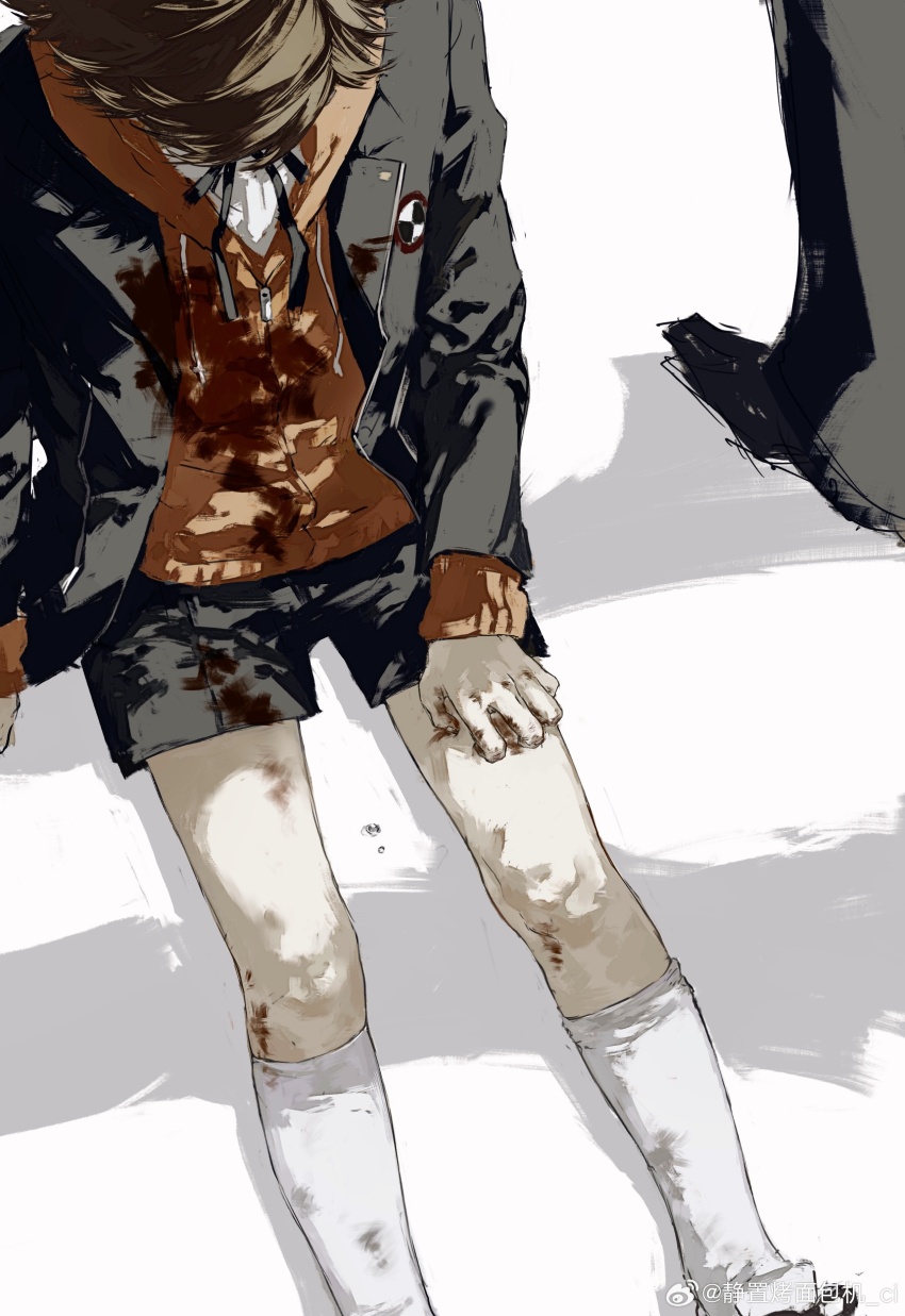 1boy 1other absurdres amada_ken black_jacket black_ribbon black_shorts blazer blood blood_on_clothes brown_hair chinese_commentary commentary_request gekkoukan_high_school_uniform highres hood hood_down hoodie jacket jing_zhi_kaoxiang_yu_re_zhong long_sleeves male_focus neck_ribbon on_ground open_clothes open_jacket orange_hoodie out_of_frame persona persona_3 ribbon school_uniform short_hair shorts sitting socks watermark weibo_watermark white_background white_socks