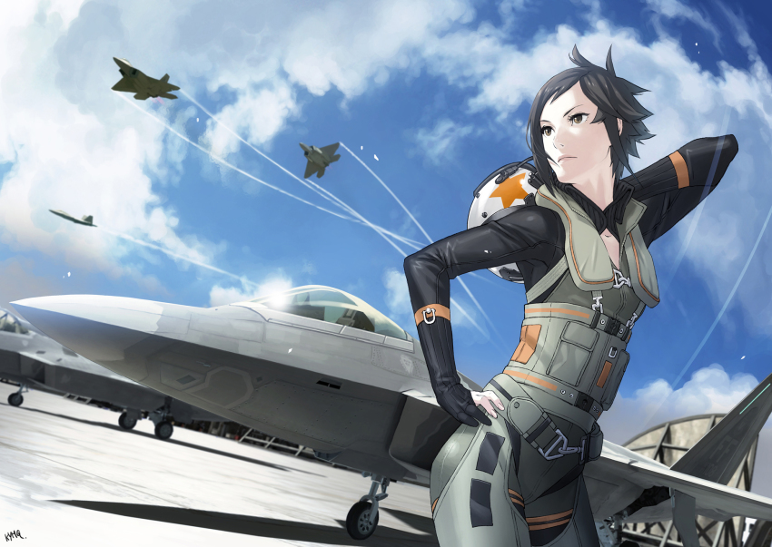 1girl ace_combat ace_combat_5 aircraft airplane black_hair brown_eyes cloud contrail f-22 female_focus fighter_jet fingernails flying hand_on_own_hip helmet highres kei_nagase kozaki_yuusuke life_vest lips military military_vehicle namco official_art petals pilot pilot_suit short_hair signature sky solo star_(symbol)