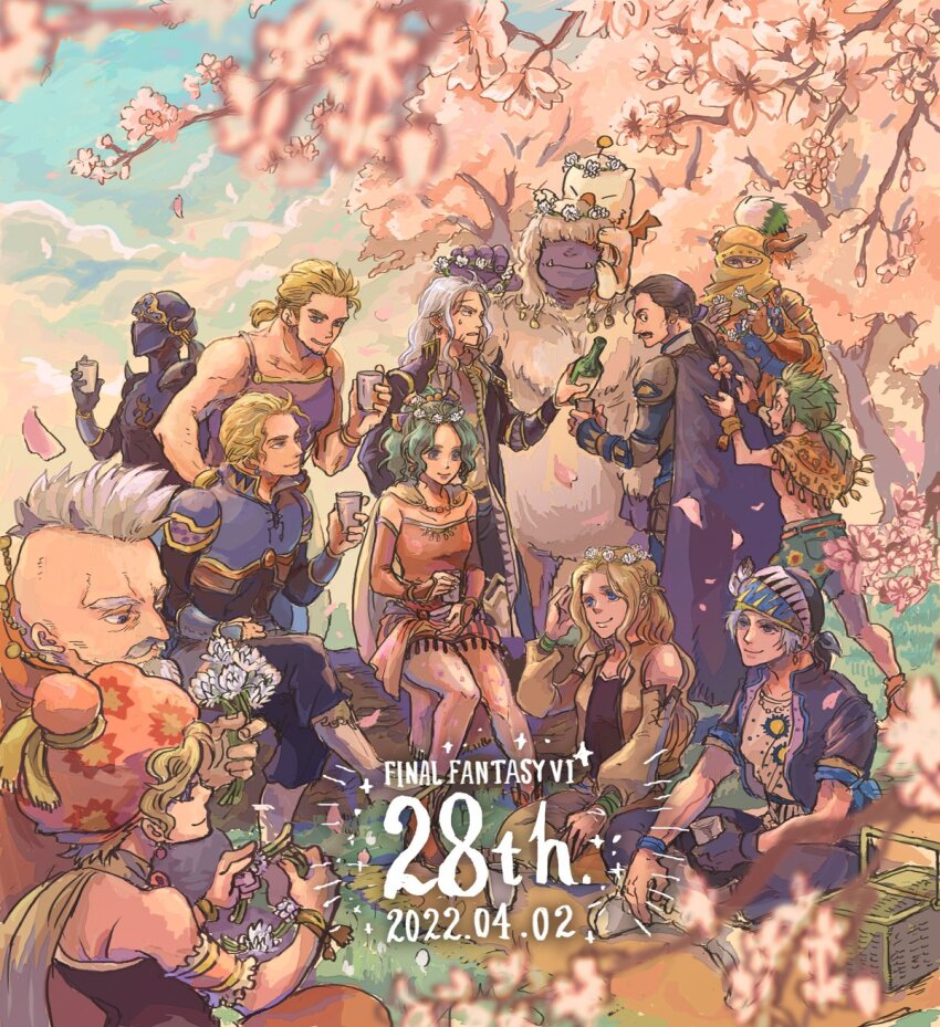 3girls 6+boys animal_print anniversary armlet armor black_jacket blonde_hair blue_cape breasts brothers cape celes_chere cherry_blossoms cup cyan_garamonde dated detached_sleeves dress edgar_roni_figaro everyone facial_hair falling_petals fangs fangs_out final_fantasy final_fantasy_vi gau gogo green_hair grey_hair hair_ribbon head_wreath headscarf highres holding holding_cup indian_style jacket jewelry kneeling leopard_print locke_cole long_hair low_ponytail mask medium_breasts mog mohawk mouth_mask multiple_boys multiple_girls muscular ninja ninja_mask outdoors parted_bangs petals pink_petals polka_dot polka_dot_legwear ponytail red_dress red_sleeves relm_arrowny ribbon sabin_rene_figaro scar scar_on_face scar_on_forehead setzer_gabbiani shadow_(ff6) shirt short_hair shoulder_armor siblings sitting sleeveless sleeveless_shirt smile strago_magus strapless strapless_dress stubble sweatdrop tina_branford tube_dress twins uedymummy0921 umaro wavy_hair yellow_sleeves yeti_(creature)