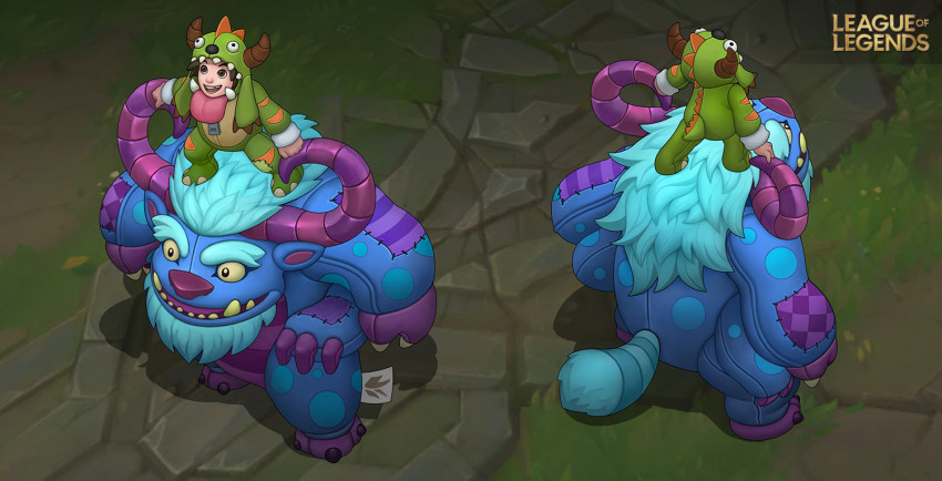 1boy :d brown_hair child copyright_name grey_hair grungy_nunu grungy_willump horns league_of_legends long_hair male_focus nunu_(league_of_legends) on_head open_mouth outdoors short_hair smile standing teeth vegacolors willump yeti_(creature)