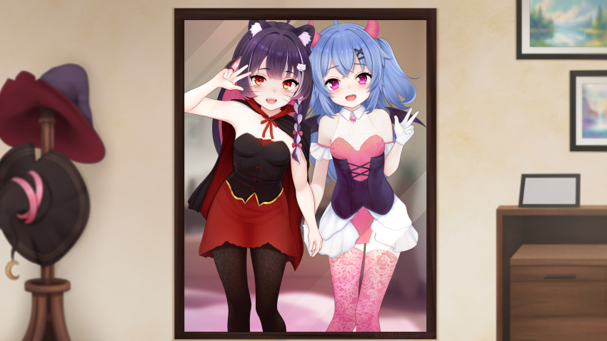 2girls absurdres alternate_costume alternate_eye_color animal_ear_fluff animal_ears artist_name blue_hair blush blush_stickers breasts cape carpet chiaki_katsumi commission demon_horns drawer eroneko_senpai fangs gloves hair_ornament hairclip halloween halloween_costume hat highres holding_hands horns indoors mirror multiple_girls open_mouth photo_(object) pink_eyes pixellink purple_hair raki_kazuki red_eyes ribbon shirt skirt small_breasts thighhighs thighs v virtual_youtuber wall whiskers wings witch_hat