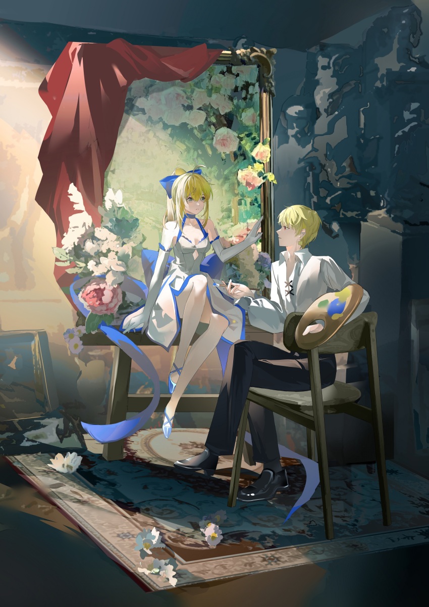 1boy 1girl absurdres ahoge anyuqiushui724 artoria_pendragon_(fate) black_pants blonde_hair bow chair clothing_cutout collared_shirt dress earrings easel elbow_gloves fate/extella fate/extra fate/grand_order fate/stay_night fate_(series) flower gilgamesh_(fate) gloves green_eyes hair_bow highres indoors jewelry long_sleeves on_chair painting_(action) painting_(object) pants picture_frame ponytail red_eyes saber_(fate) saber_(pure_night_dress)_(fate) shirt shoes short_hair sitting through_medium through_painting white_dress white_gloves white_shirt