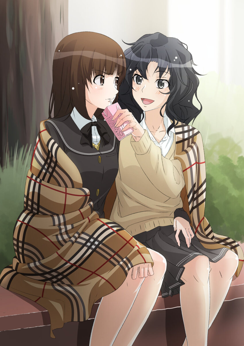 2girls absurdres amagami black_bow black_bowtie black_eyes black_hair black_jacket black_sailor_collar blanket blunt_bangs blush bow bowtie brown_eyes brown_hair curly_hair curtained_hair drinking drinking_straw drinking_straw_in_mouth grey_skirt highres holding_carton jacket kibito_high_school_uniform long_sleeves looking_at_another medium_hair messy_hair multiple_girls open_mouth outdoors pleated_skirt sailor_collar school_uniform sitting skirt sweater tanaka_keiko_(amagami) tanamachi_kaoru under_covers wavy_hair winter_uniform wtbn_zw_u yellow_sweater yuri