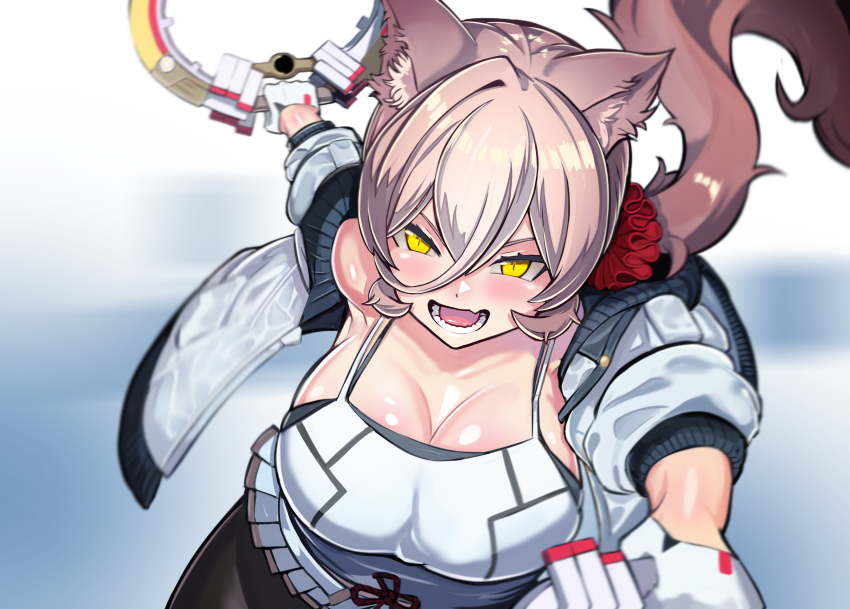 1girl absurdres animal_ears breasts brown_hair camisole cat_ears cell_(fu_cell) chakram cleavage cosplay dual_wielding gloves highres holding jacket large_breasts long_hair looking_at_viewer low_ponytail mio_(xenoblade) mio_(xenoblade)_(cosplay) nijisanji nui_sociere ponytail scrunchie slit_pupils virtual_youtuber weapon white_camisole white_gloves white_jacket xenoblade_chronicles_(series) xenoblade_chronicles_3 yellow_eyes