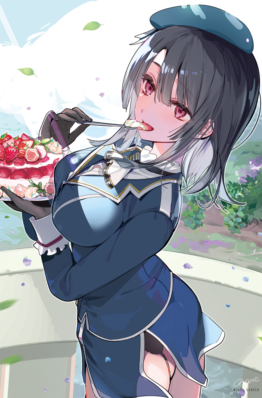 1girl ass back beret black_gloves black_hair black_thighhighs blue_jacket blue_skirt blush breasts cake comiket_105 flower food garter_straps gloves hat hayakawa_akari highres holding holding_spoon jacket kantai_collection large_breasts leaf looking_at_viewer looking_up military_uniform open_mouth outdoors red_eyes short_hair signature skirt smile spoon takao_(kancolle) thighhighs wind