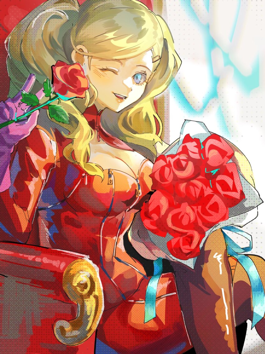 1girl 4me3ba_niku ;d blonde_hair blue_eyes bodysuit bouquet breasts chair cleavage commentary flower highres holding holding_bouquet holding_flower looking_at_viewer on_chair one_eye_closed open_mouth panther_(persona_5) persona persona_5 red_bodysuit red_flower red_rose rose sitting smile solo symbol-only_commentary takamaki_anne teeth twintails upper_teeth_only zipper_pull_tab