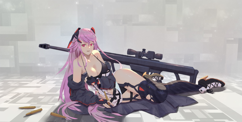 .50_bmg 1girl ammunition anti-materiel_cartridge anti-materiel_rifle bad_id bad_pixiv_id barrett_m82 breasts bullet cirilla_lin cleavage female_focus girls&#039;_frontline gun hmg_cartridge large_breasts long_hair looking_at_viewer m82a1_(girls&#039;_frontline) magnum_cartridge match_grade match_grade_ammunition match_grade_firearm match_grade_rifle military military_cartridge military_uniform open_clothes open_mouth pink_hair red_eyes rifle rifle_cartridge sniper_rifle solo supersonic_ammunition weapon