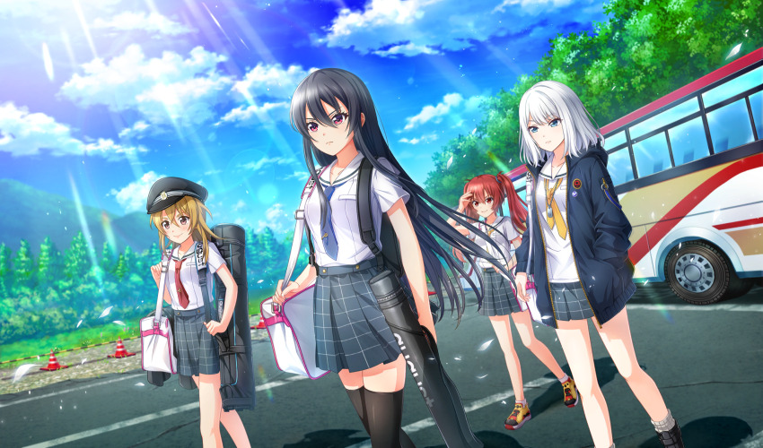4girls agatsuma_sora bag black_footwear black_hair black_hat black_jacket black_thighhighs blonde_hair blue_necktie blurry boots brown_eyes bus cinderella_series closed_mouth cloud day depth_of_field dutch_angle gakuseibou game_cg green_eyes grey_skirt hachigatsu_no_cinderella_nine hair_between_eyes hat highres holding holding_bag iwaki_yoshimi jacket kusakari_runa light_rays long_hair motor_vehicle multiple_girls necktie non-web_source official_art open_clothes open_jacket outdoors parking_lot plaid_clothes plaid_skirt pleated_skirt red_eyes red_hair red_necktie sailor_collar satogahama_school_uniform school_uniform serafuku shinonome_ryo shirt short_sleeves shoulder_bag skirt smile socks summer_uniform sunbeam sunlight thighhighs twintails v-shaped_eyebrows very_long_hair walking white_bag white_sailor_collar white_shirt white_socks yellow_necktie