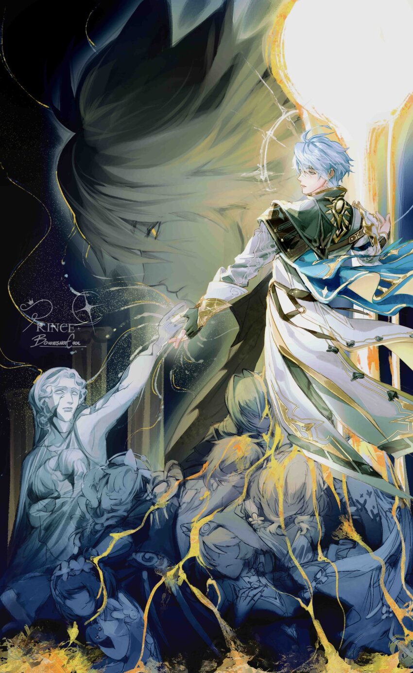 3boys 4girls aglaea_(honkai:_star_rail) anaxa_(honkai:_star_rail) antenna_hair armor artist_name black_gloves black_pants black_shirt blue_cape blue_eyes bowiesnotcool cape cipher_(honkai:_star_rail) coat commentary dual_persona english_commentary fingerless_gloves floating_cape gloves highres hyacine_(honkai:_star_rail) male_focus multiple_boys multiple_girls multiple_views mydei_(honkai:_star_rail) pants pauldrons phainon_(honkai:_star_rail) pile_of_corpses shirt short_hair shoulder_armor side_cape single_glove single_pauldron tribbie_(honkai:_star_rail) watermark white_coat white_hair yellow_blood