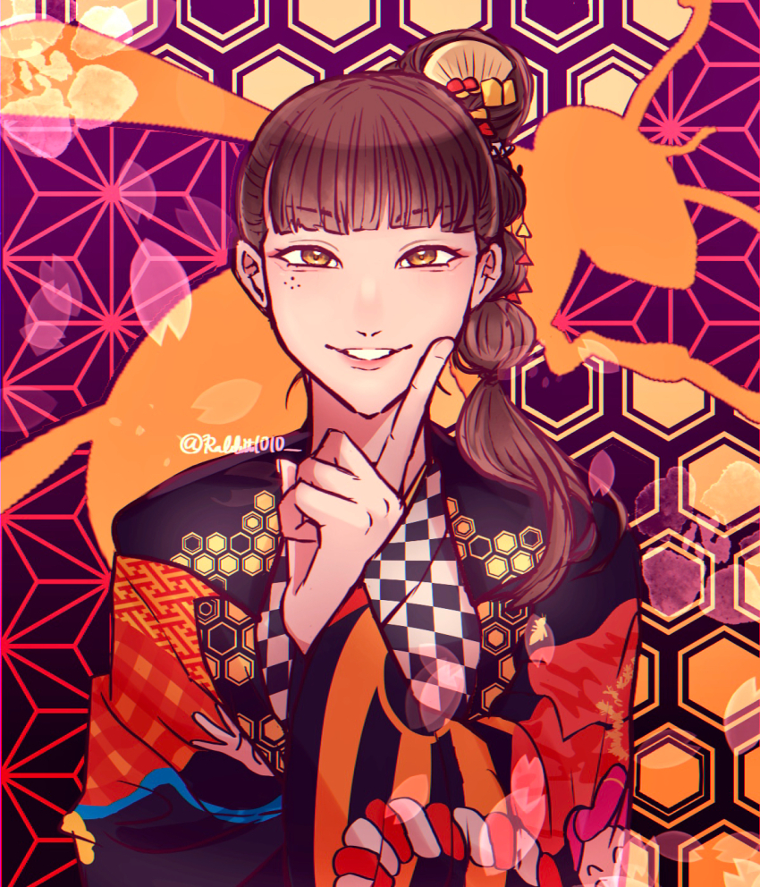 1girl brown_hair dybowski_suzume highres japanese_clothes kimono ohsama_sentai_king-ohger rabisen super_sentai suzume_dybowski yellow_eyes