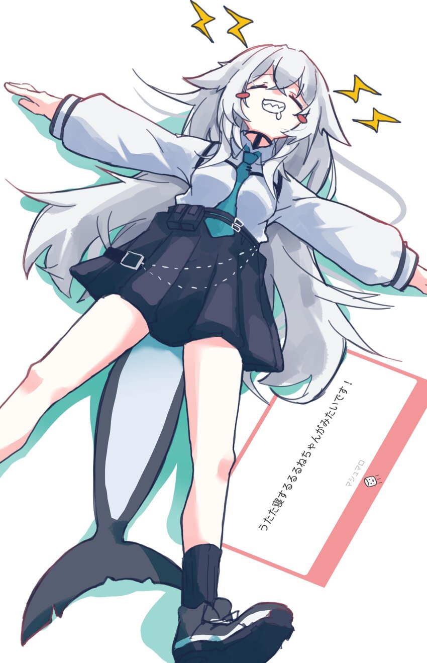 1girl absurdres aqua_necktie black_shoes black_skirt black_socks blue_necktie blush_stickers breasts cetacean_tail chest_harness clenched_teeth closed_eyes collared_shirt drooling fins fish_tail grey_hair hair_flaps harness highres lightning_bolt_symbol long_hair long_sleeves lying necktie nono_datenshia on_back outstretched_arms rurune_(vrchat) shark_girl shark_tail sharp_teeth shirt shoes skirt sleeping sneakers socks solo spread_arms tail teeth very_long_hair vrchat white_background white_shirt