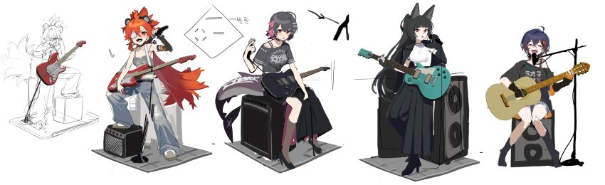4girls absurdres animal_ears bass_guitar bear_ear_hairband belle_(zenless_zone_zero) black_choker black_coat black_hair black_shirt black_skirt blue_hair blue_pants choker coat coat_on_shoulders colored_inner_hair crop_top elbow_gloves electric_guitar ellen_joe fins fish_tail flame_print fox_ears fox_girl gachop99 gloves guitar hair_ornament high_heels highres holding holding_guitar holding_instrument holding_microphone hoshimi_miyabi instrument kneehighs koleda_belobog letter_hair_ornament long_hair long_skirt microphone multicolored_hair multiple_girls music pants red_eyes red_hair shark_girl shark_tail shirt singing single_elbow_glove single_off_shoulder sitting skirt smile socks tail torn_clothes torn_pants white_shirt zenless_zone_zero