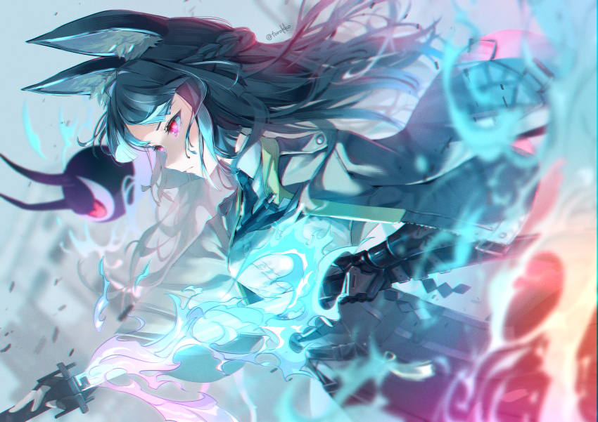 1girl absurdres animal_ear_fluff animal_ears black_gloves black_hair black_necktie black_skirt blue_fire blunt_bangs breasts closed_mouth cowboy_shot dress_shirt fire fox_ears fox_girl from_side gloves glowing glowing_eyes high-waist_skirt highres holding holding_sword holding_weapon hoshimi_miyabi large_breasts long_hair necktie red_eyes serious shirt sidelocks skirt solo sword torokko weapon white_shirt zenless_zone_zero