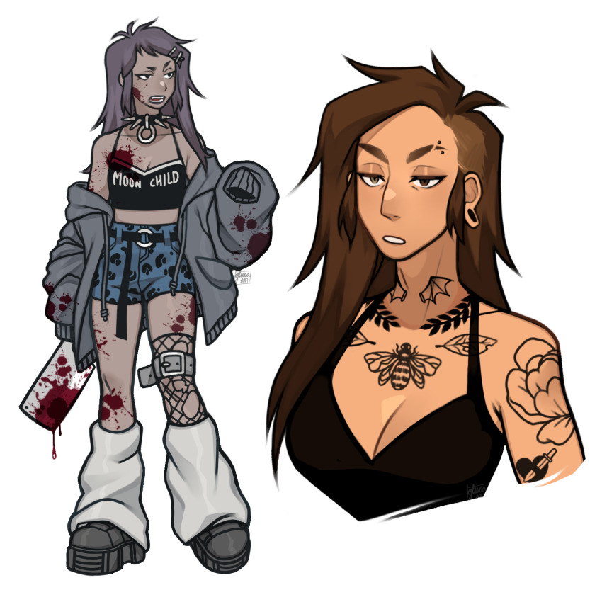 2girls asymmetrical_hair belt black_boots black_camisole black_hair blood blood_on_clothes blood_on_face blue_shorts boots borrowed_character breasts camisole chest_tattoo cleavage cleaver collar commentary dark-skinned_female dark_skin english_commentary eyebrow_cut eyebrow_piercing face_piercing fishnet_thighhighs fishnets gluca grey_hoodie high-waist_shorts highres holding holding_cleaver hood hoodie loose_socks medium_breasts midriff multiple_girls neck_tattoo o-ring o-ring_belt off_shoulder original piercing plug_(piercing) short_shorts shorts shoulder_tattoo sidecut single_thighhigh sleeves_past_fingers sleeves_past_wrists socks spiked_collar spikes tattoo thigh_strap thighhighs torn_clothes torn_thighhighs undercut