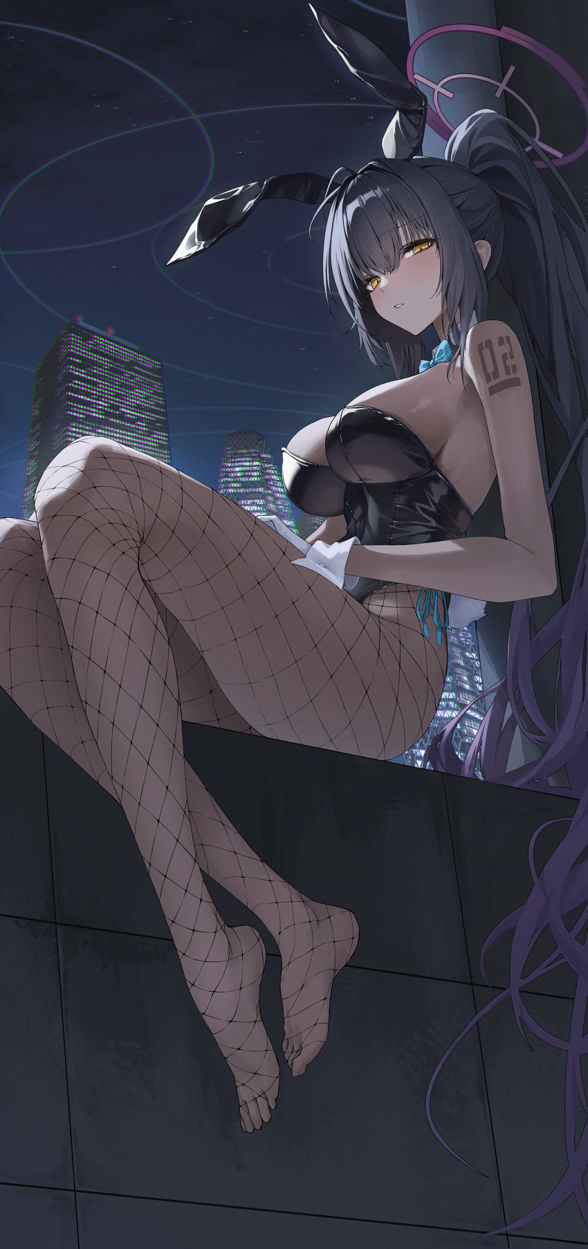 1girl absurdly_long_hair absurdres ahoge animal_ear_hairband animal_ears bare_shoulders black_hair black_leotard blue_archive blue_bow blue_bowtie bow bowtie breasts building commentary_request crossed_ankles dark-skinned_female dark_skin detached_collar fake_animal_ears feet fishnet_pantyhose fishnets gloves gradient_hair hair_between_eyes hairband halo hand_on_own_thigh highleg highleg_leotard highres karin_(blue_archive) karin_(bunny)_(blue_archive) large_breasts legs leotard long_hair looking_at_viewer moda_(mo_da_3) multicolored_hair night no_shoes number_tattoo official_alternate_costume pantyhose parted_lips playboy_bunny ponytail purple_hair purple_halo rabbit_ear_hairband rabbit_ears rabbit_tail shoulder_tattoo sitting solo strapless strapless_leotard tail tattoo thighs toes traditional_bowtie very_long_hair white_gloves white_wrist_cuffs wrist_cuffs yellow_eyes
