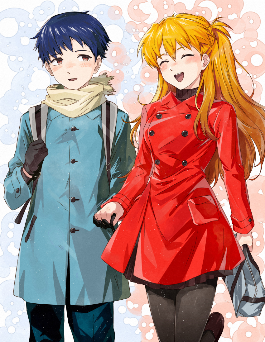 1boy 1girl absurdres black_gloves black_pantyhose blue_coat blue_hair blue_pants blush brown_eyes brown_skirt closed_eyes coat gloves highres holding holding_hands ikari_shinji kanmiya_shinobu long_hair long_sleeves looking_at_another neon_genesis_evangelion open_mouth orange_hair pants pantyhose red_coat scarf short_hair skirt smile souryuu_asuka_langley yellow_scarf