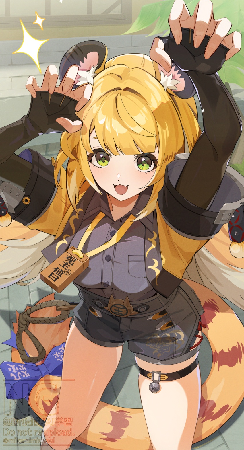 1girl absurdres animal_ears arms_up black_gloves blonde_hair collared_shirt elbow_gloves fang fingerless_gloves gloves green_eyes highres jacket ju_fufu long_hair looking_at_viewer mikami_michael open_clothes open_jacket open_mouth outdoors shirt shirt_tucked_in short_shorts short_sleeves shorts smile socks solo standing tail thigh_strap tiger_ears tiger_girl tiger_tail white_socks zenless_zone_zero