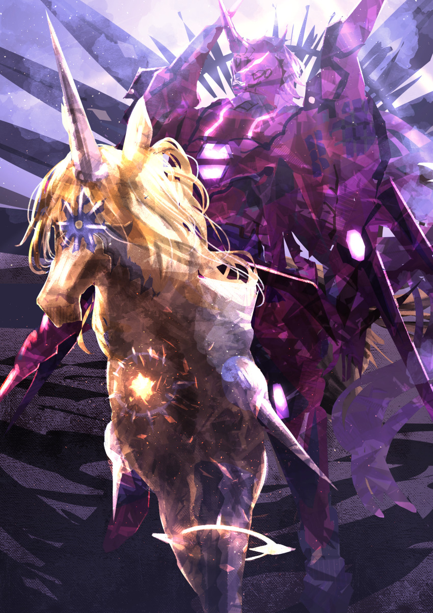 1boy absurdres armor asaki_(asaki_vision) duel_monster full_armor full_body glowing halo highres horns kashtira_unicorn knightmare_unicorn lance light name_connection polearm red_armor riding unicorn weapon yu-gi-oh!