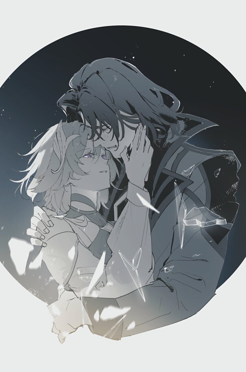 1boy 1girl black_background border clenched_teeth couple crying detached_sleeves dress eyelashes facing_another fingernails genshin_impact glass_shards grey_dress grey_jacket grey_sleeves hair_between_eyes hand_on_another&#039;s_face hand_on_another&#039;s_shoulder hand_up height_difference hetero high_collar highres hug jacket kurosumi_(kuro62114) lapels layered_dress long_sleeves looking_at_another muted_color open_hand open_mouth parted_lips purple_eyes rerir_(genshin_impact) short_hair tears teeth tholindis_(genshin_impact) white_border white_dress white_mouth white_sleeves